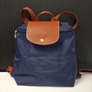LONGCHAMP Le Pliage Blue Canvas Brown Leather Trim Backpack Bag